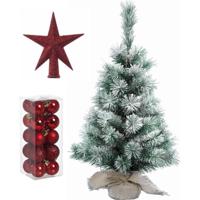 Kunst kerstboom met sneeuw 35 cm in jute zak inclusief rode versiering 21-delig - Kunstkerstboom - thumbnail