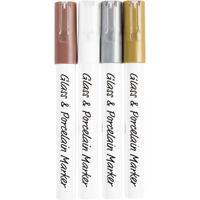 Creativ Company Glas- & porseleinstiften, lijndikte 1-2 mm, semi-dekkend, bruin, goud, zilver, wit, 4 stuk/ 1 doos