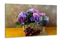 Karo-art Schilderij -Druiven met een glas wijn en bloemen, 100x70cm. Premium print, wanddecoratie