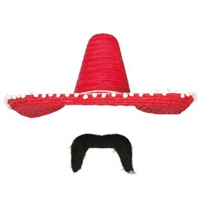 Carnaval verkleed set - Mexicaanse sombrero hoed met plaksnor - rood - heren