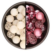 Kunststof kerstballen 74x stuks wol wit en roze 6 cm