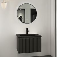 Fontana Lento zwart badmeubel ribbelfront 60cm met zwarte wastafel 1 kraangat en ronde spiegel - thumbnail