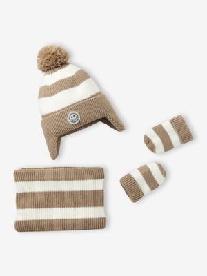 Gestreept babyset met Peruaanse muts, snood en wanten beige, gestreept