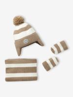 Gestreept babyset met Peruaanse muts, snood en wanten beige, gestreept