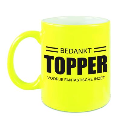 Collega cadeau koffiemok - beker - Bedankt Topper - voor je fantastische inzet - neon geel