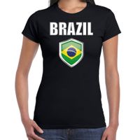 Brazilie landen supporter t-shirt met Braziliaanse vlag schild zwart dames - thumbnail