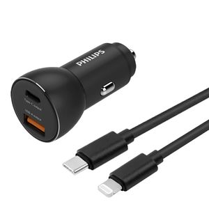 Philips Autolader USB A-C - DLP2521C/04 - Zwart - incl. USB-C-Lightning Oplaadkabel - 36W Fast Charge
