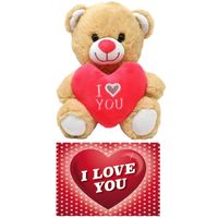 Licht bruine pluche knuffelbeer 20 cm incl. Valentijnskaart I Love You - Knuffelberen - thumbnail