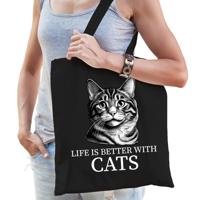 Cadeau tas voor kattenliefhebbers - zwart - American Curl kat/poes - katoen - 42 x 38 cm
