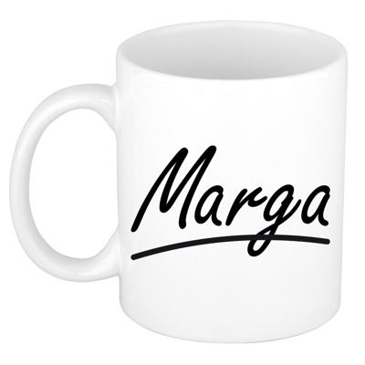 Marga Naam koffiemok - beker - met sierlijke letters - wit - 300 ml - Cadeau - Dames