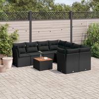9-delige Loungeset met kussens poly rattan zwart
