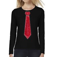 Verkleed shirt voor dames - stropdas rood - zwart - carnaval - foute party - longsleeve - thumbnail