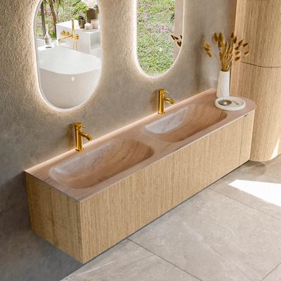 Badmeubel Mondiaz Kurve-Dlux | 175 cm | Meubelkleur Oak | Wastafelkleur Saba | Solid surface | Dubbel / Links spoelbak | 2 kraangaten