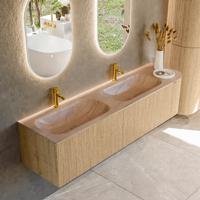 Badmeubel Mondiaz Kurve-Dlux | 175 cm | Meubelkleur Oak | Wastafelkleur Saba | Solid surface | Dubbel / Links spoelbak | 2 kraangaten