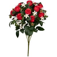 Kunstbloemen boeket rozen met bladgroen - rood - H49 cm - Bloemstuk - thumbnail