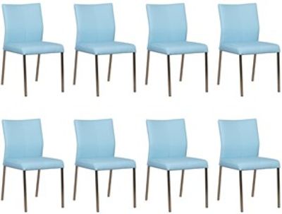 Set van 8 Lichtblauwe leren moderne eetkamerstoelen Basic - poot vierkant rvs - Toledo Leer Sky Blue (lichtblauw leer)