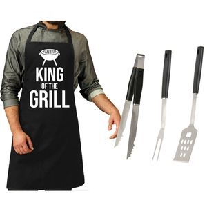 BBQ/barbecue gereedschap set 3-delig RVS met zwart schort King of the grill - Barbecuegereedschapset