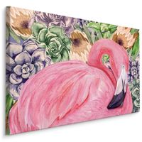 Schilderij - Roze Flamingo en bloemen (print op canvas), 4 maten, premium print