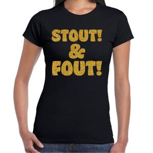 Verkleed T-shirt dames - stout! en fout! - zwart - glitter goud - themafeest fout/goud/stout