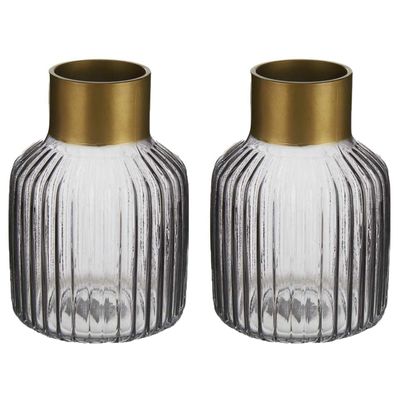 Bloemenvazen 2x stuks - luxe decoratie glas - grijs/goud - 12 x 18 cm