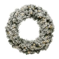 Kerstkrans/dennenkrans groen met sneeuw en warm witte verlichting met timer 35 cm   -