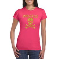 Piraten shirt / foute party verkleed kostuum / outfit goud glitter roze dames 2XL  - - thumbnail