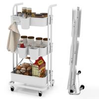 Rollende Trolley met 3 Etages Opvouwbare Opslagtrolley 3 Hangende Kopjes 6 Haken Universele Vergrendelbare Metalen Wielen Wit