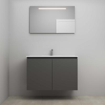 On-Line Badkamermeubelset - 100 cm - Bouwpakket - Greeploos 2 Deuren - Porseleinen Wastafel - 1 Kraangat - Spiegel met LED-Verlichting - Mat Antraciet