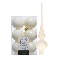 Set van 12x stuks kunststof kerstballen 6 cm en glazen piek wol wit