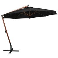 The Living Store Zweefparasol Hout - 350 cm - Zwart - UV-bestendig polyester - vurenhouten paal - bamboe baleinen