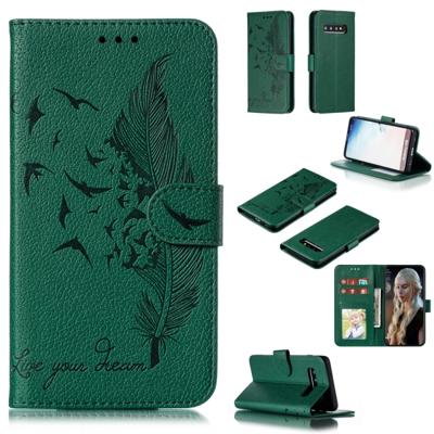Feather patroon Litchi textuur horizontale Flip lederen draagtas met portemonnee & houder & kaartsleuven voor Galaxy S10 (groen)