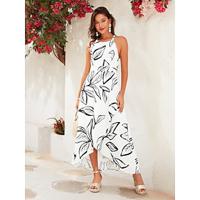 Maxi-jurk met halterhals en gekruiste achterkant met plantenprint - thumbnail