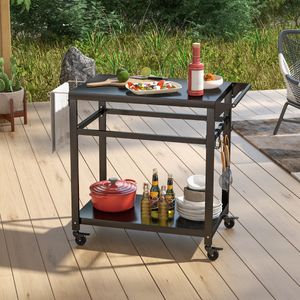 Buitenbarbecuetrolley met Dubbele Planken Keukentrolley met 4 Vergrendelbare Wielen Haken en Handgreep aan de Zijkant Zwart