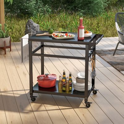 Buitenbarbecuetrolley met Dubbele Planken Keukentrolley met 4 Vergrendelbare Wielen Haken en Handgreep aan de Zijkant Zwart