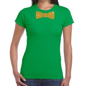 Groen fun t-shirt met vlinderdas in glitter goud dames