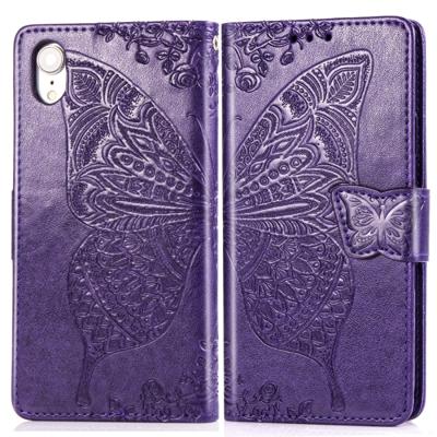 Butterfly Love bloemen reliëf horizontale Flip lederen case voor iPhone XR met houder & kaartsleuven & portemonnee & Lanyard (donker paars)