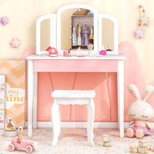 Kaptafel & Kruk voor Kinderen Kaptafel met Lade Inklapbare Spiegel en Accessoires Make-uptafel met Afneembaar Blad Wit
