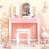 Kaptafel & Kruk voor Kinderen Kaptafel met Lade Inklapbare Spiegel en Accessoires Make-uptafel met Afneembaar Blad Wit