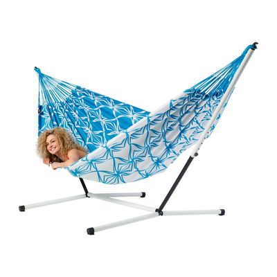Familie hangmat met metalen standaard - 400x180cm - Blauw - 200kg draagkracht- 100% katoen - binnen & buiten