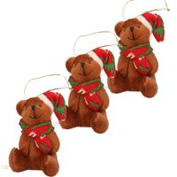 3x Kersthangers knuffelbeertjes bruin met gekleurde sjaal en muts 7 cm - Kersthangers