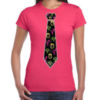 Tropical party T-shirt voor dames - stropdas - roze - neon - carnaval - tropisch themafeest - thumbnail