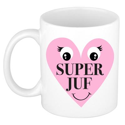 Cadeau koffie/thee mok voor Juf - roze - Super Juf hartje - keramiek - 300 ml