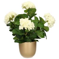 Hortensia kunstplant/kunstbloemen 45 cm - wit - in pot goud glans - Kunstplanten - thumbnail