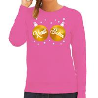 Foute kersttrui - sweater - roze - met gouden Kerst Ballen borsten - voor dames - kerstkleding