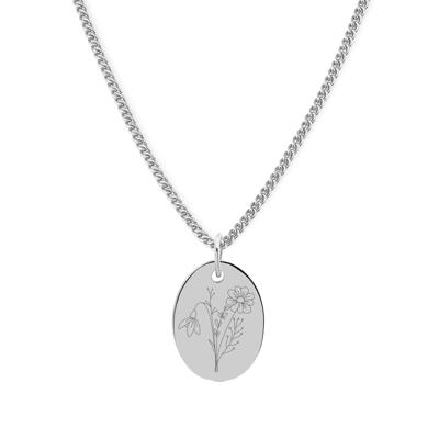 Gepersonaliseerde geboortebloem boeket ketting ovaal - Stainless steel - Zilver