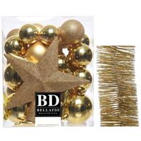 Kerstversiering kerstballen 5-6-8 cm met ster piek en glitter slingers pakket goud van 35x stuks - Kerstbal - thumbnail