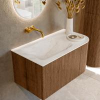 Mondiaz KURVE-DLUX 85 cm Onderkast Greeploos 1 Lade Met Deuren Walnut, Wastafel Solid Surface Links Ostra 0 Kraangaten Zonder Spiegel (KRVCLO85R1L1D0KL-Wal/Ost)