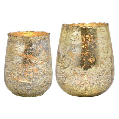 Set van 2x windlicht/kaarsenhouder - glas - champagne goud - 2 formaten