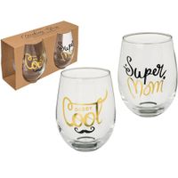 Set van 4x waterglazen/drinkglazen Super Mom & Daddy Cool transparant 7 x 9 cm 300 ml vaderdag/m