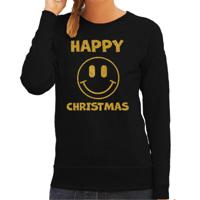 Foute kersttrui/sweater voor dames - Happy Christmas - zwart - glitter goud - Smiley - thumbnail